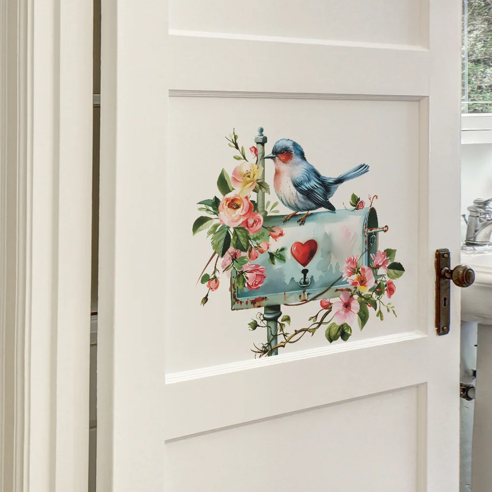 Cartoon Flower Bird Mailbox Wall Sticker Living Room Background Decoration Door Mural Bedroom Home Decor Self-adhesive Decals