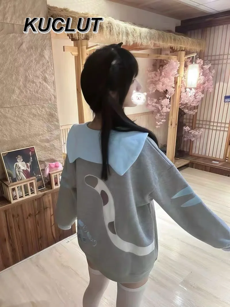 일본 대학 스타일 긴 소매 풀오버 캐주얼 스웨트셔츠 여성용 가을 겨울 두꺼운 귀여운 세일러 칼라 루즈 탑