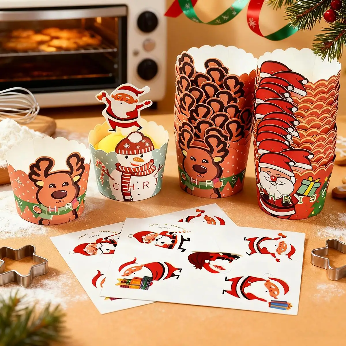 10PCS Weihnachten Cupcake Wrapper Santa Claus Schneemann Elch Kuchen Pappbecher Einweg Ofen Luft Friteuse Backen Liner Weihnachten Party Dekore