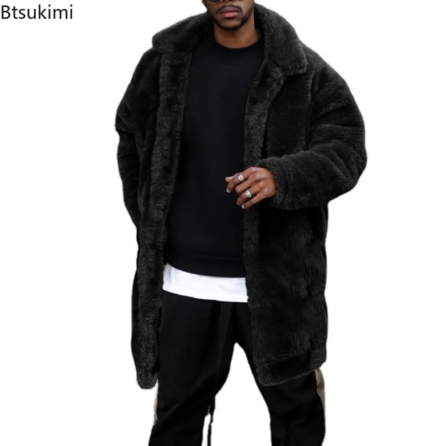 Autumn Winter Men\'s Mid-length Style Plush Jacket Fashion Casual Fluffy Warm Coat Male Solid Tops Loose Thermal Jacket Outerwear