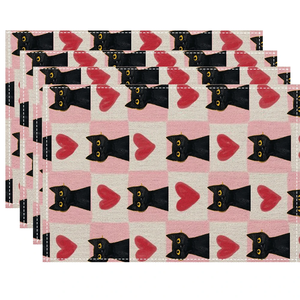 Cute Black Cat Heart Checkerboard Placemat 4 Pack Anti-scalding Placemat Home Kitchen Coffee Table Atmosphere Decoration