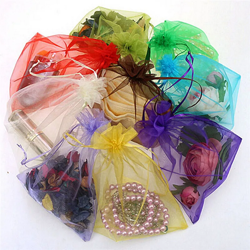 50pcs 7x9cm organza Zsák ékszer Tüll húzózsinórral Zsák esküvői Félfogadás dekorációs Szívesség ékszer Csomagolás kijelző pouches