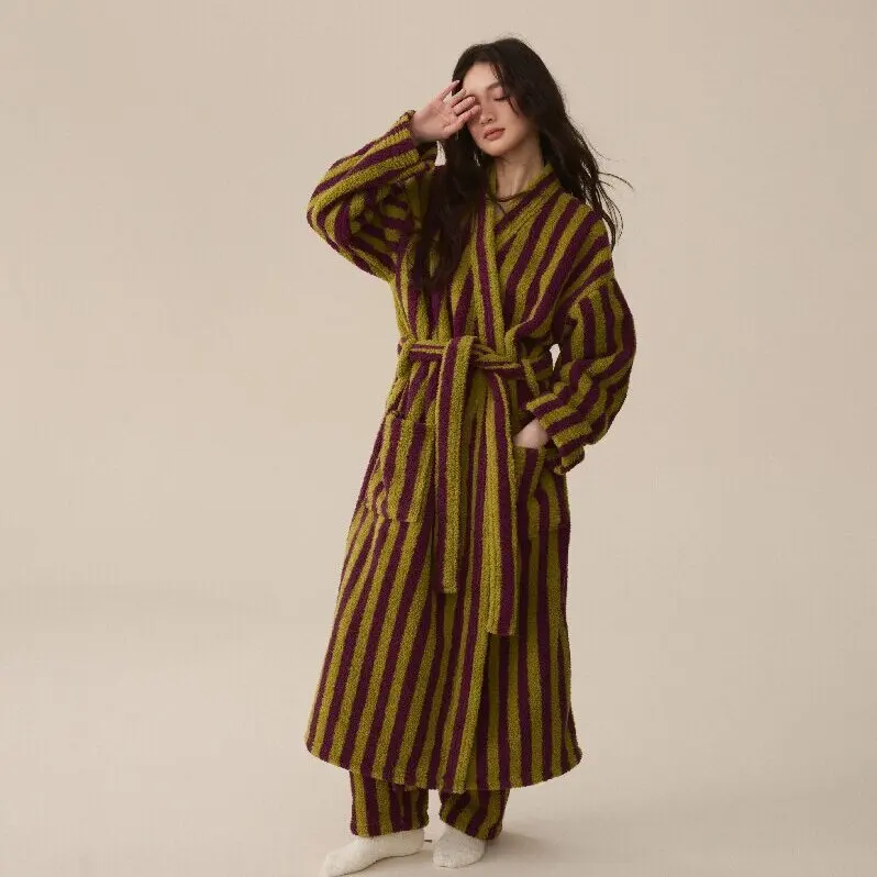 Winter Bathrobe Women Coral Velvet Thicken Warm Robes Home Clothes Thermal Nightwear Stripe Print Robe Sleepwear Pajamas