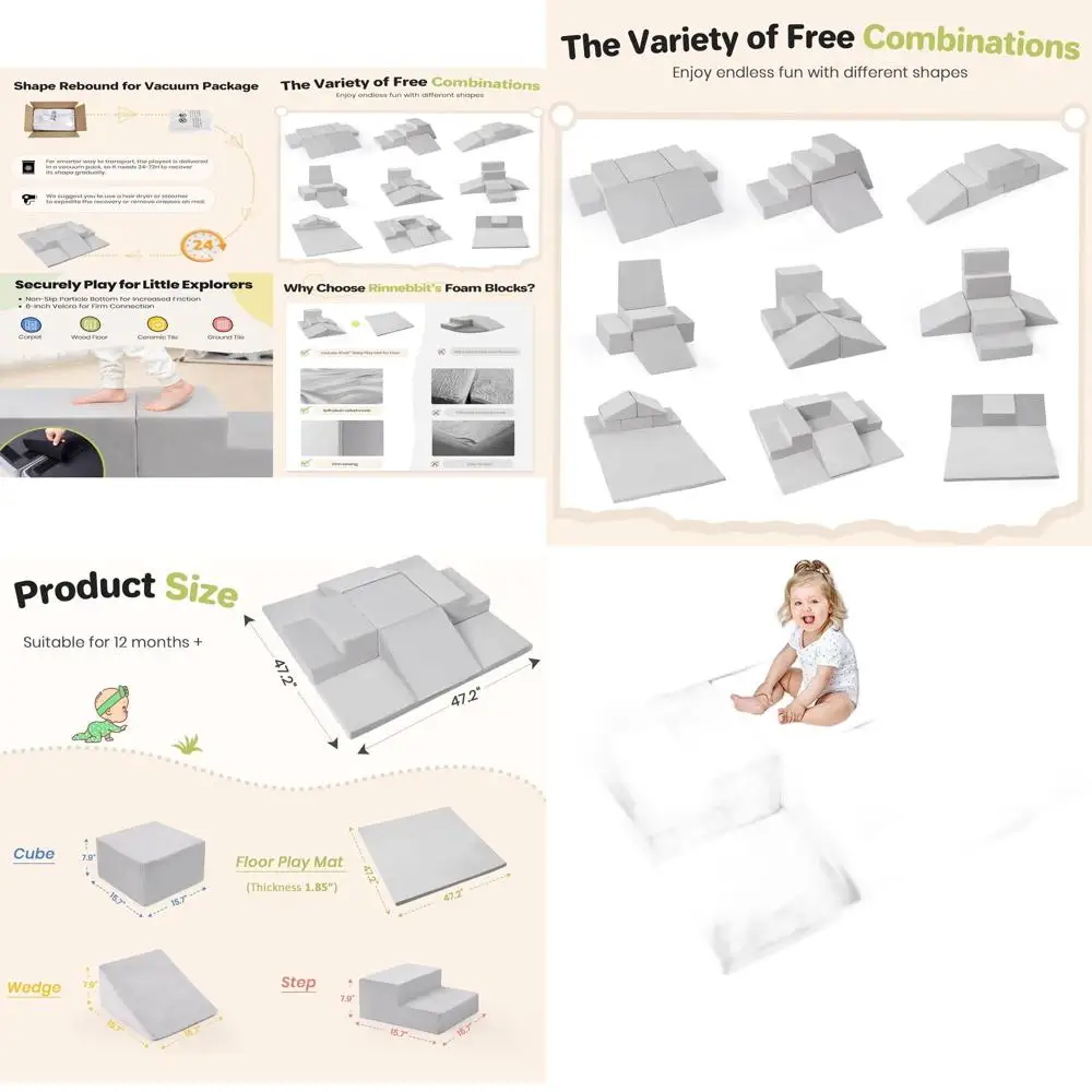 Zestaw piankowych klocków do wspinaczki dla maluchów, 6-elementowy centrum zabaw z matą o wymiarach 120x120 cm, zmywalny pokrowiec, odpowiedni dla dzieci w wieku 1-3 lat (szary)