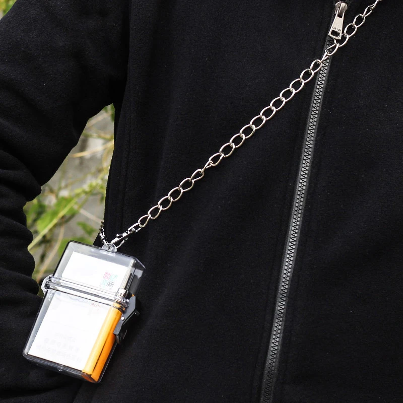 Ins Plastic Transparent Cigarette Case Box With Metal Chain Punk Hip Hop Hard Shell Waterproof Mobile Phone Bag Storage