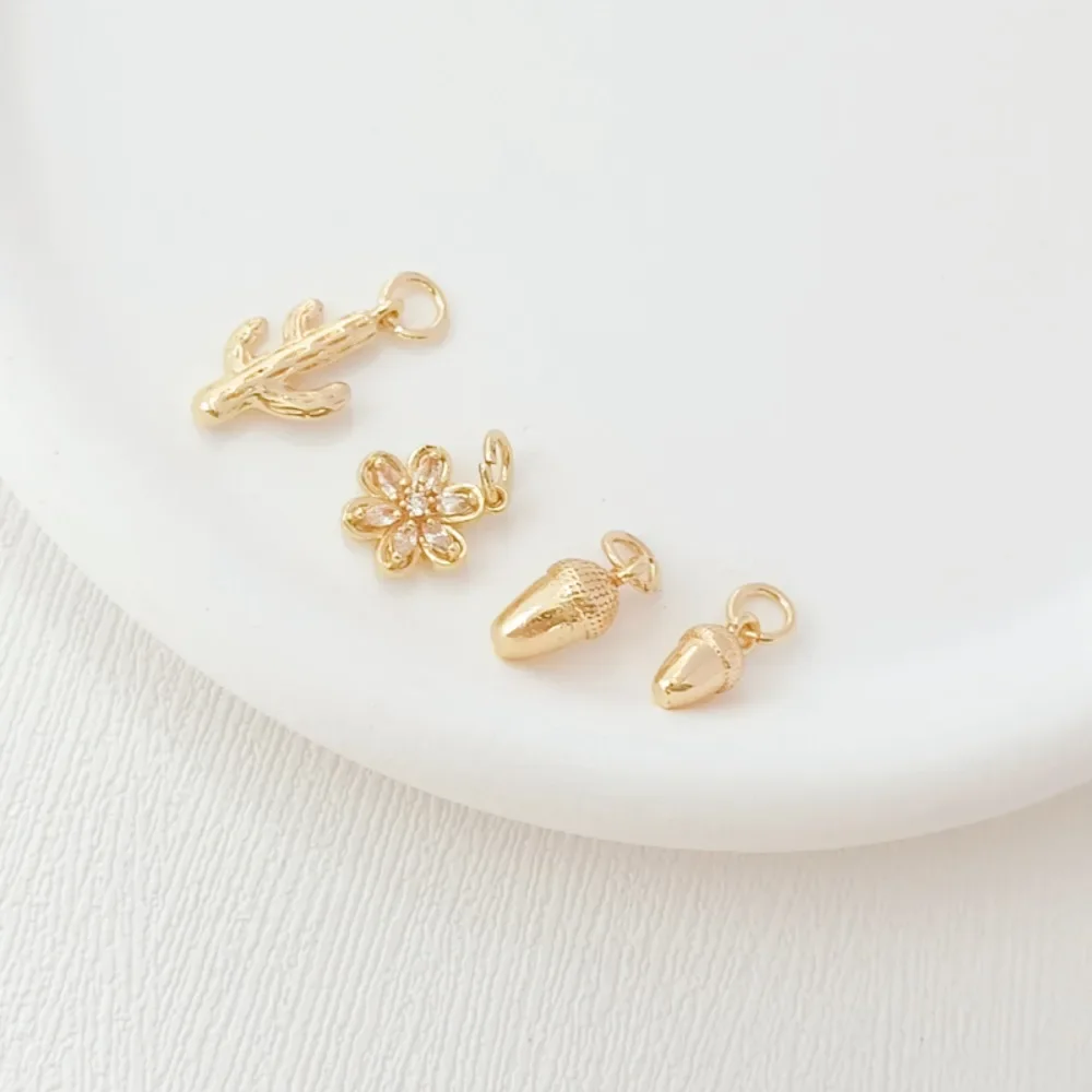 

14K Gold-plated Micro-inlaid Zirconium Small Flower Pinecone Cactus Pendant, DIY Handcrafted Bracelet Necklace, Slip Pendant