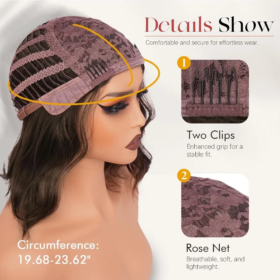 باروكة قصيرة مموجة بنية اللون للنساء بطول 12 بوصة مجعدة بطول الكتف مع غرة شعر مستعار صناعي ناعم مثالي لـ Da