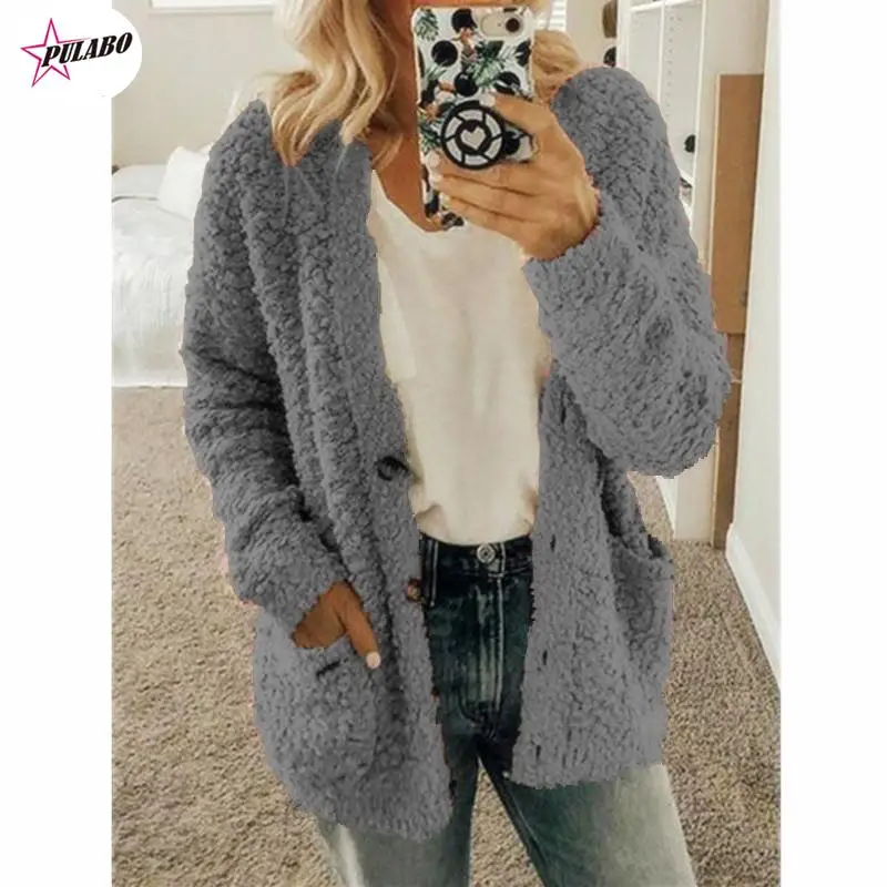 Autumn / Winter PULABO Women's Wool Coat Coat Women's Warm Soft Button Fur Jacket Women's Plush Coat Pocket Casual Teddy Coat