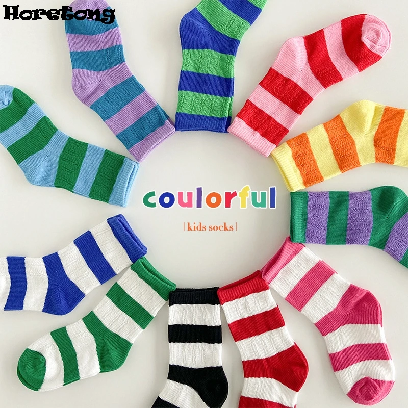 Horetong 3 Pairs/Lot Summer Children Socks For 1-12 Years Boys Girls Baby Cotton Fashion Breathable Striped Contrast Color Socks