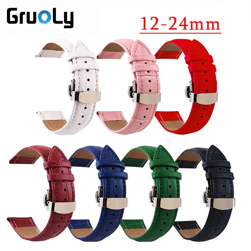 Calfskin Leather 12mm 13mm 14mm 15mm 16mm 17mm 18mm 19mm 20mm 21mm 22mm 24mm Watch Band Butterfly Buckle Strap Belt Accessories