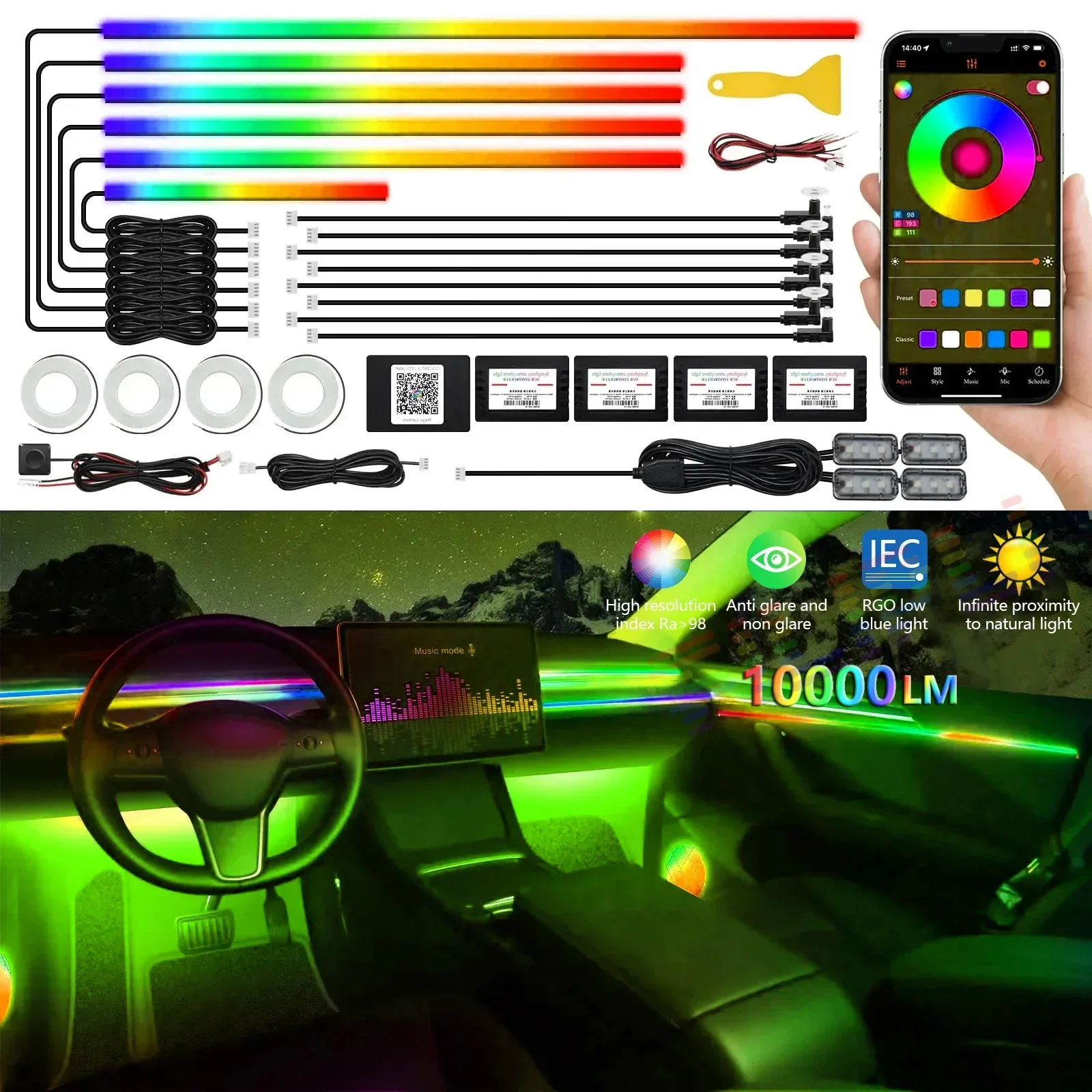 18/22 in 1 Symphony Car luci ambientali acriliche RGB Universal LED Strip Interior Neon Streamer Rainbow Lamp Kit APP Comtrol