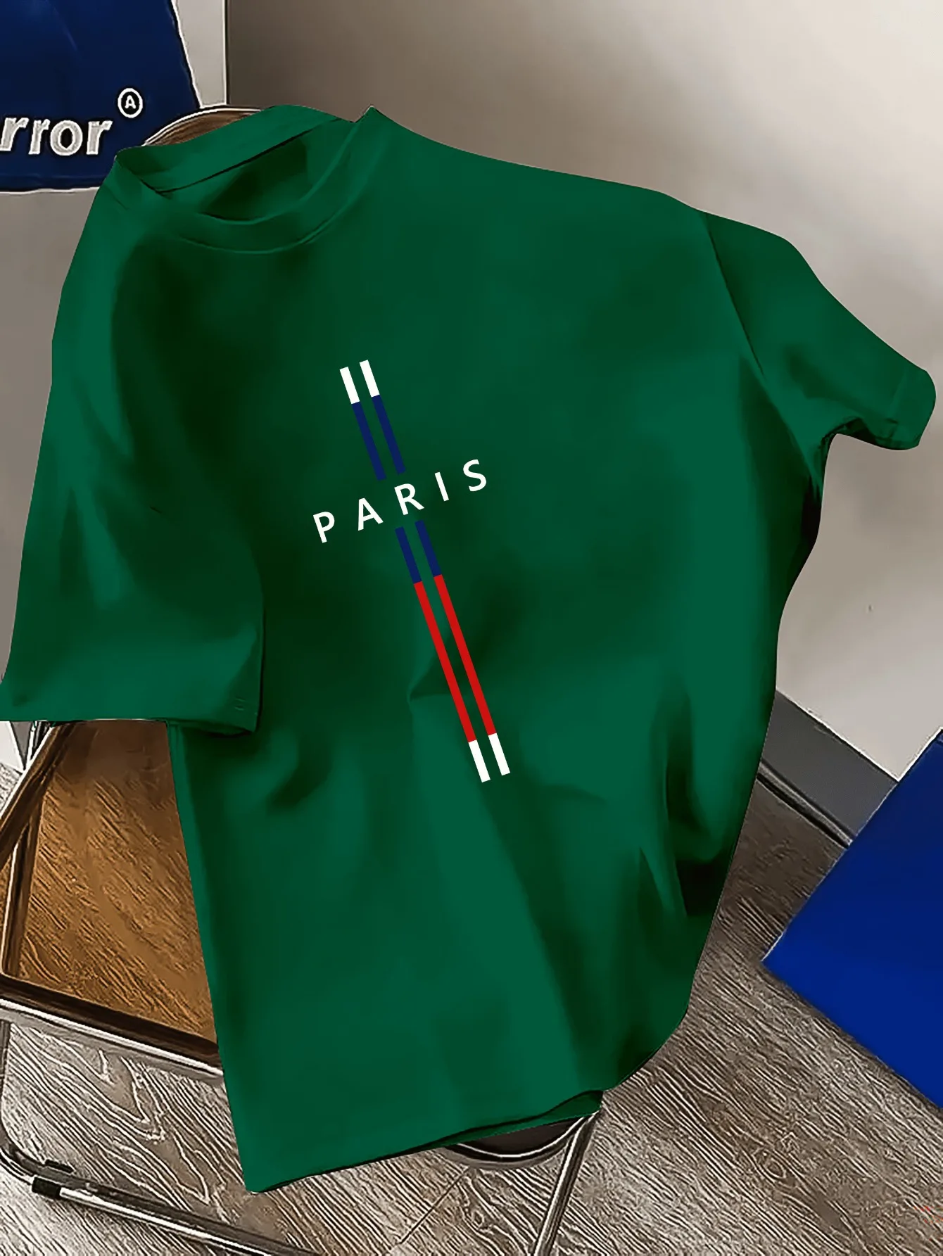 Summer men's 100% pure cotton casual loose fit plus size PARIS letter pattern printed round neck short sleeved T-shirt top image 2