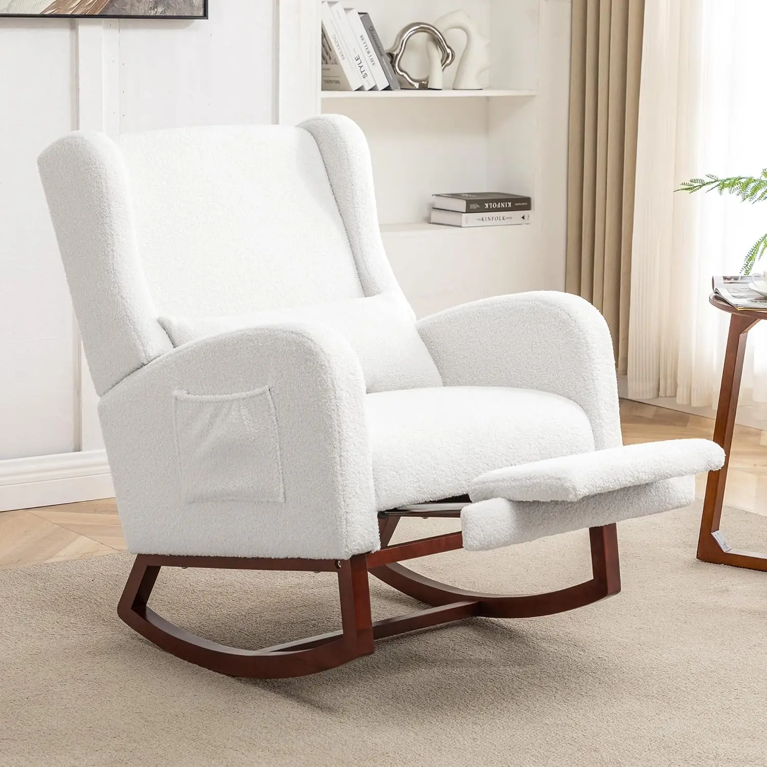 Wingback Rocking Chair with Footrest & Pillow, Sherpa Glider Nursery Rocker for Living Room & Bedroom, White, Customized