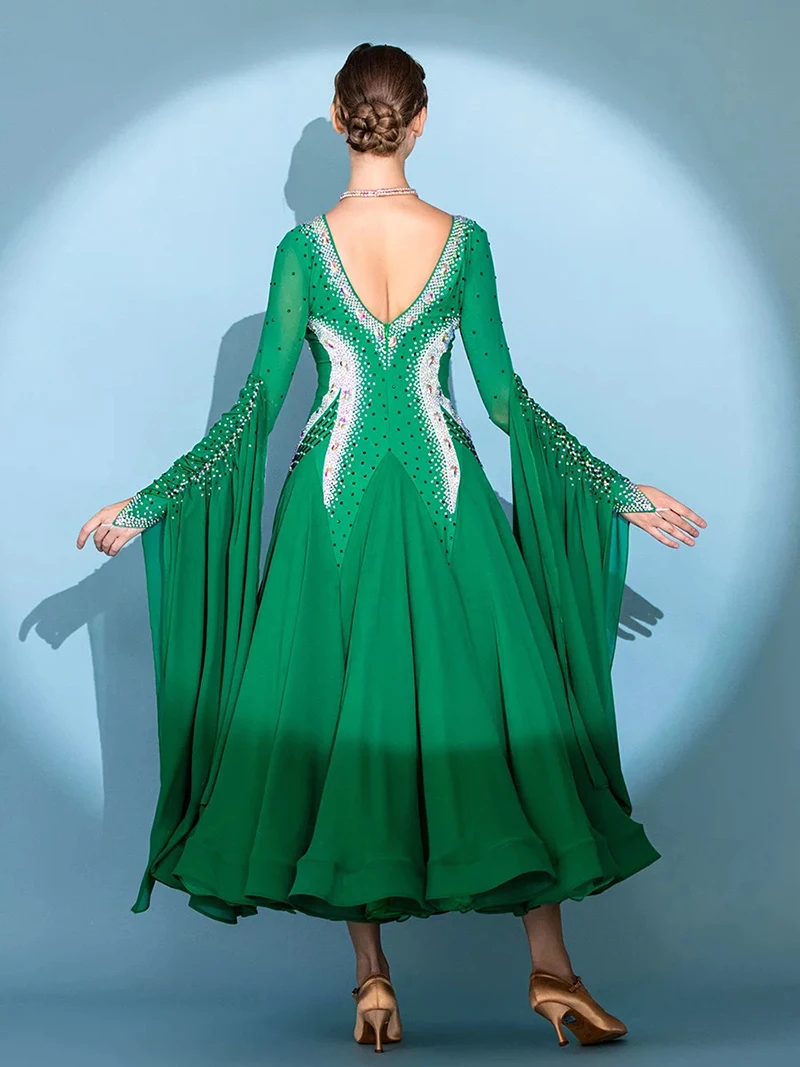 Standard Waltz Dance Dress Advanced Green Shiny Diamond Tango Ballroom Competition Dancing Costume Women Ballroom Dance Dresses