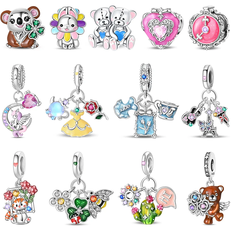 S925 Silver Color Princess Rainbow Horse Koala Bear Rabbit Kitten Summer Charms Beads Fit Pan Original Bracelets DIY Jewelry