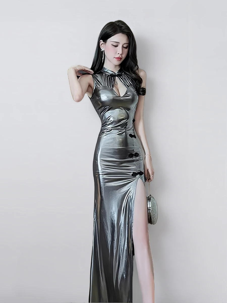فستان تشيباو المعدني من REDDACHiC Y2k مع فتحة على الطراز الصيني للصيف وياقة واقفة بدون أكمام حورية البحر ملابس الحفلات الليلية