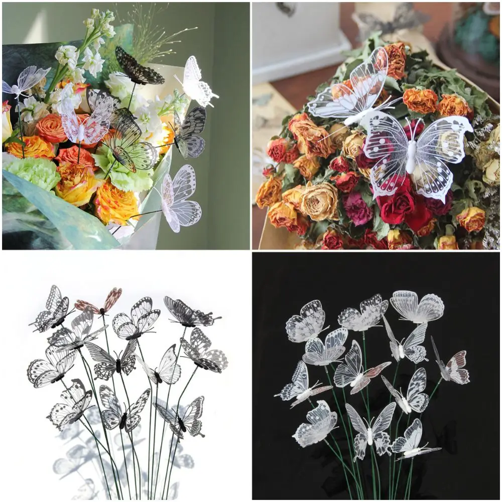 25PCS Black White Butterfly Garden Decorative Stakes 8cm Butterfly Transparent Wings Simulation Butterfly with Rods DIY