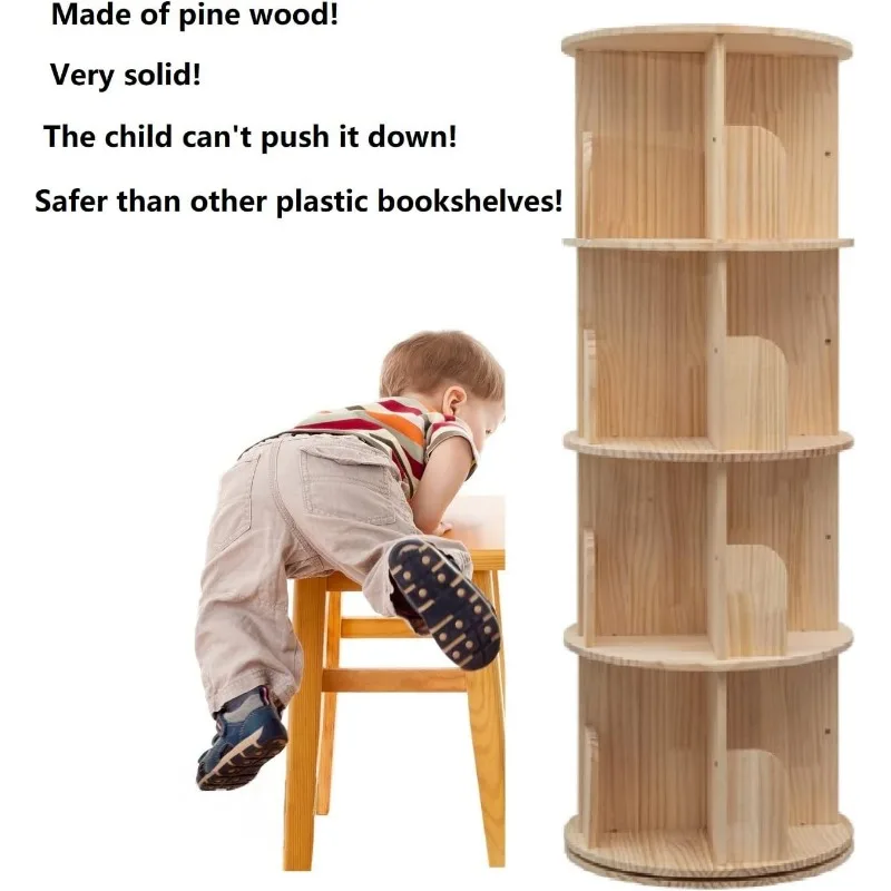 Rotating Bookshelf 360 Display 4 Tier Floor Standing Bookcase Storage Rack for Kids&Adults Solid Wood Bookshelf Organizer