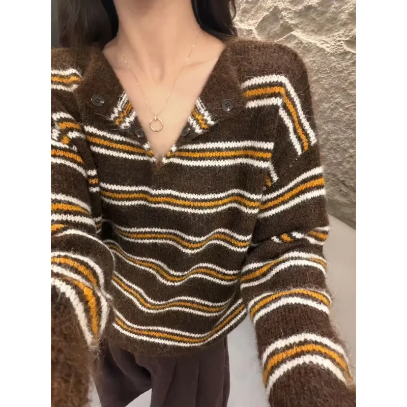 Women Retro Striped Lapel Knit Sweater V Neck Button Loose Long Sleeve Casual Jumper