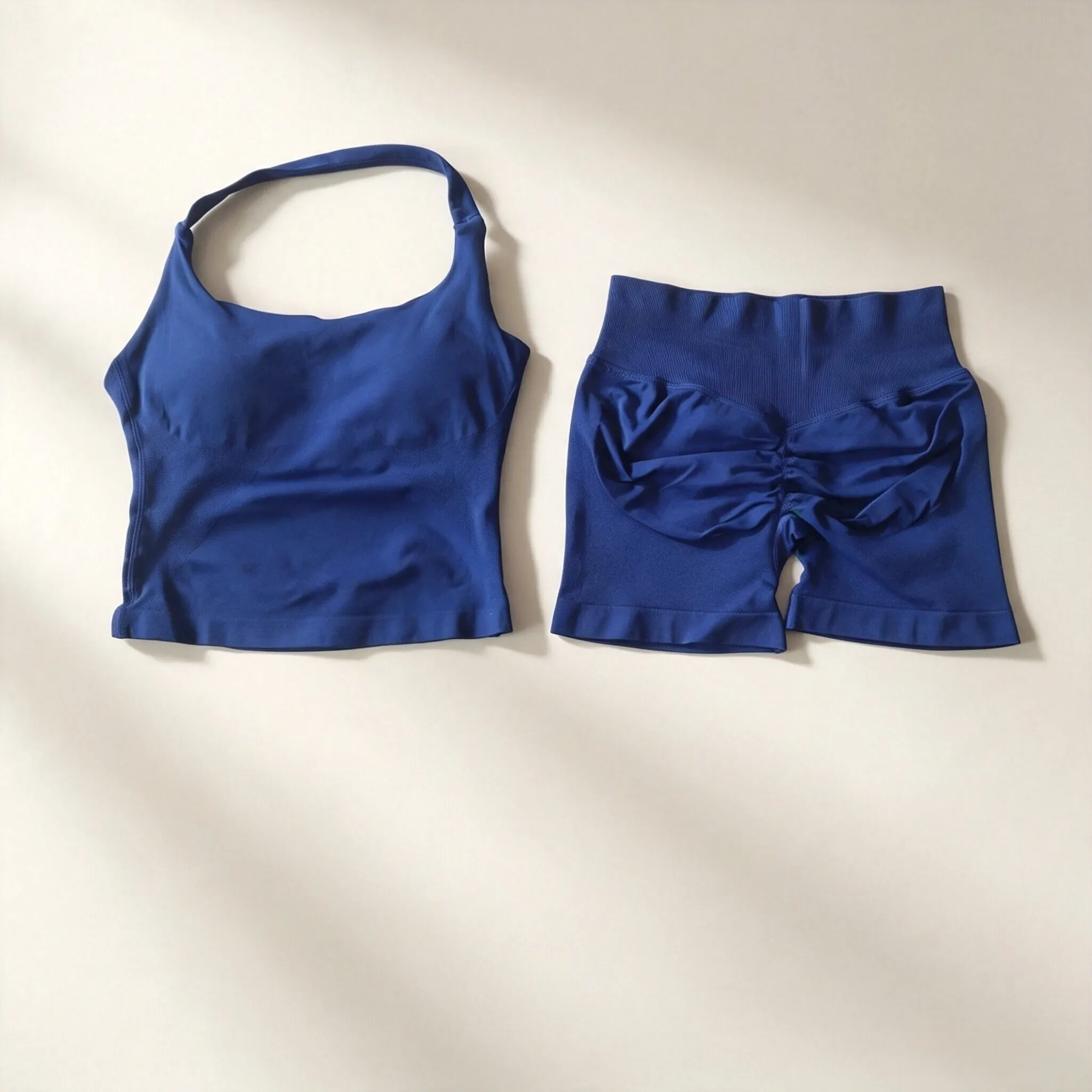 Dneyf 1D-3Y-2F Damen Neckholder Crop Sport-Top & Rüschen Scrunch Butt Shorts 2-teiliges Set Schnelltrocknendes Fitness Yoga Workout Outfit – Detail 16