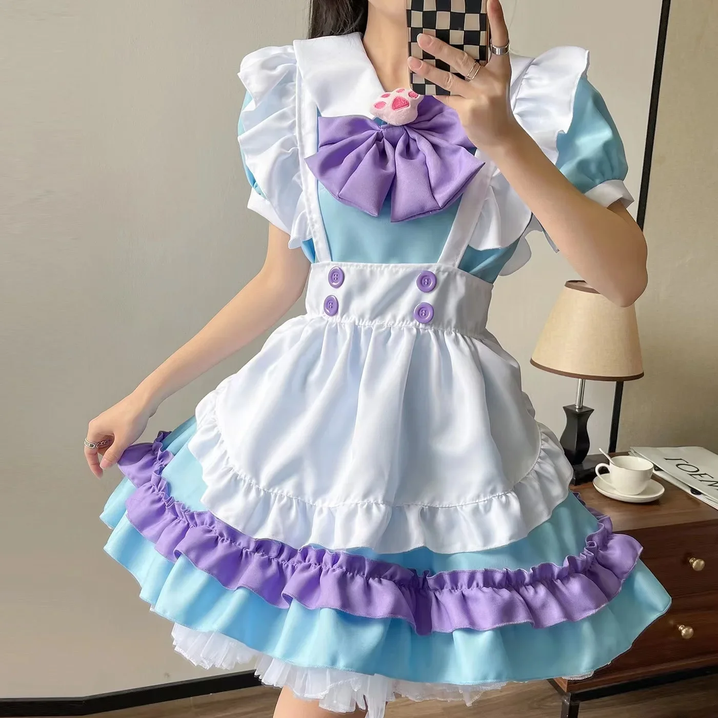 Vestido Lolita con volantes rosas, traje de sirvienta Kawaii, nudo de lazo, Pata de Gato, chica japonesa JK, disfraces de Cosplay, S-5XL, uniforme diario, fiesta