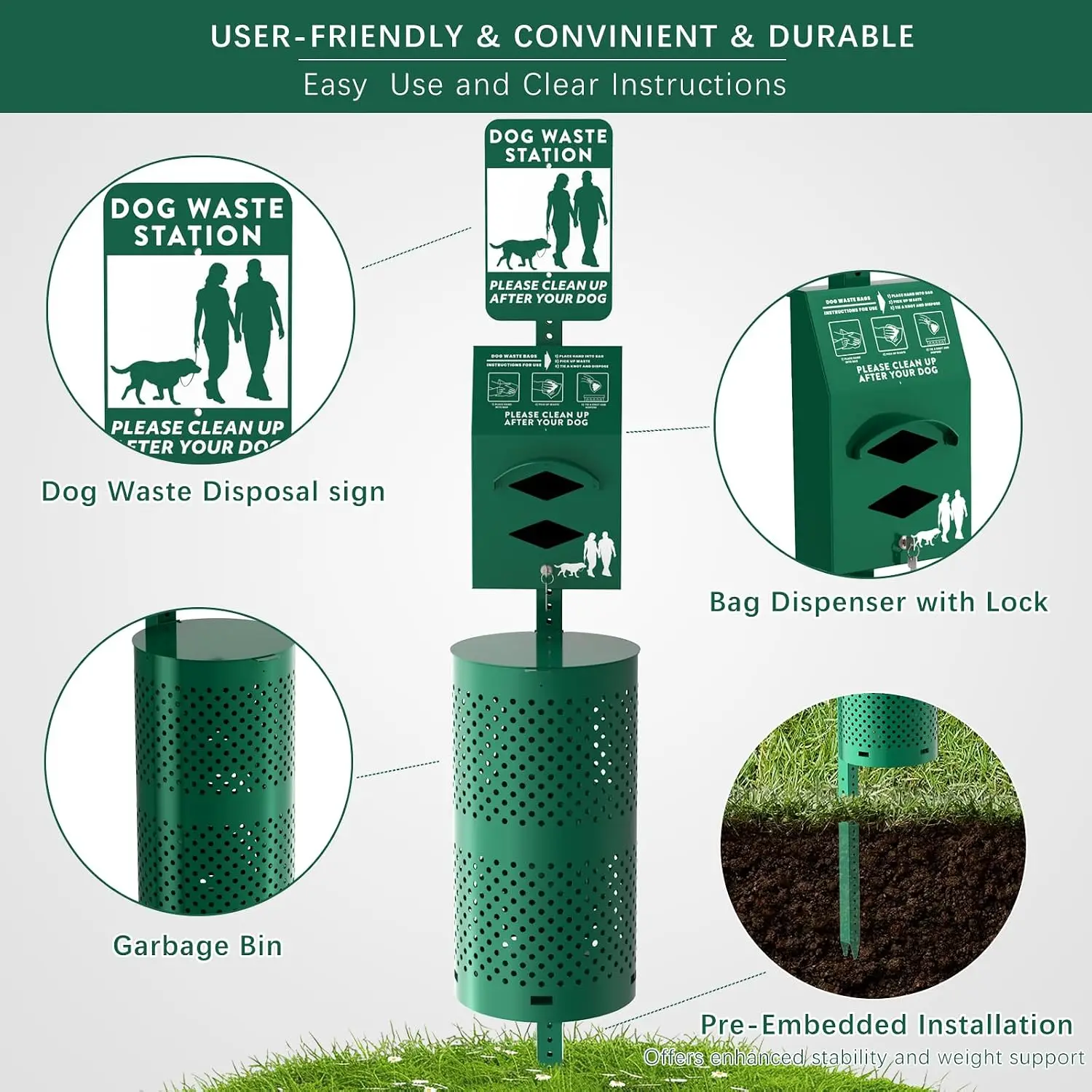Rust-Proof Aluminum Outdoor Dog Waste Disposal Station for Pet Parks | 10 Gallon Outdoor Pet Poop Station with Reflective Sign