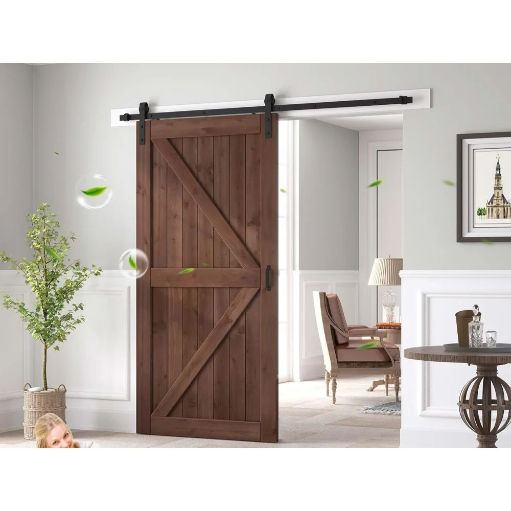 42x84 inch Sliding Barn Wood Door Slab with 7ft Hardware Kit and Handle, Coffee, K Shape, Simple Assembly tiny house