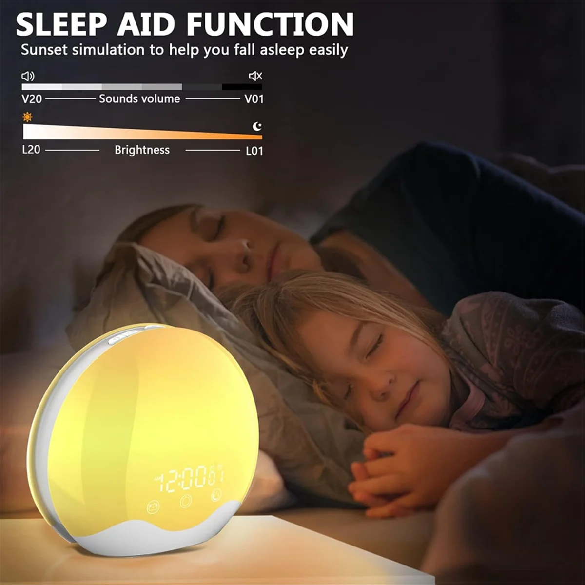ABZV-Sunrise Alarm Clock Wake Up Light with Touch Control,Dual-Sided Light Alarm Clock for Bedroom,Dual Alarm & Snooze