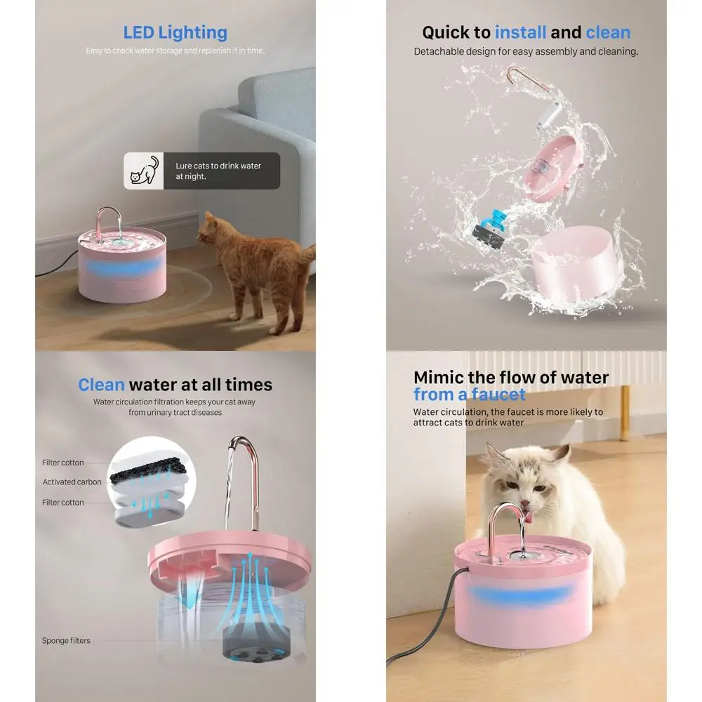 

Фонтан для кошек Розовый для питья: 67 унций/2 л Фонтан для кошек - Милый фонтан для домашних животных внутри кошек - Тихий фонтан для домашних животных - Смеситель