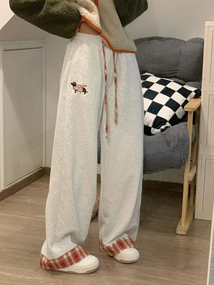 Plaid Sport Hosen Frauen Herbst Winter Wurst Hund Warme Fce Casual Lose Gerade Bein Breite Bein Hosen Hohe Taille Elastische...