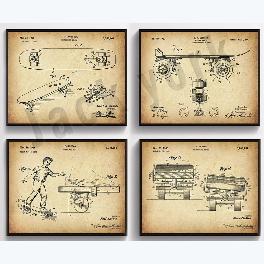Vintage Skateboard Patent Art Skateboard Blueprints Sports Boy Prints, Room Decor, Skate Shop Wall Art, Skateboard Gifts