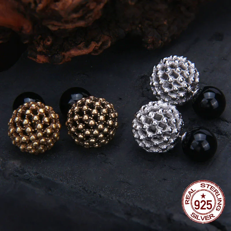 S925 pure silver ear nail round bead splicing spherical light luxury socialite temperament hollowed out retro fashion