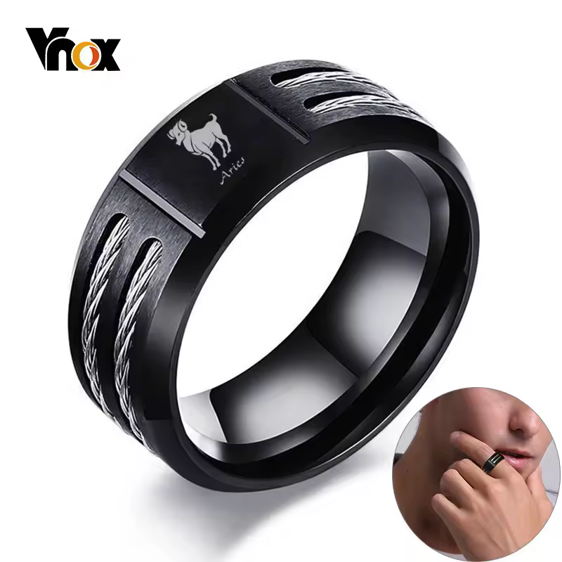 Кольцо Vnox 12 с гороскопом для мужчин, черное, из нержавеющей стали, с витой вставкой, для настоящих мужчин, созвездия Овна и Льва, обручальное кольцо.