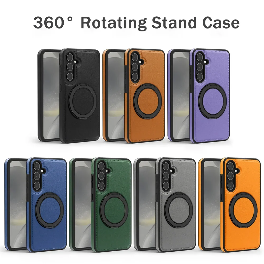 Luxury Solid Color Leather Phone Case for Samsung Galaxy S26 Ultra S25 Edge S24 S23 Ultra Plus FE Magnetic Annular Support Shell