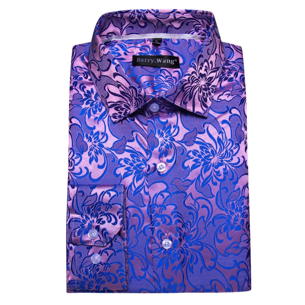 Luxury Men's Shirt Embroidered Silk Slim Casual Gold Blue Purple Black Red Green Paisley Flower Long Sleeve Barry Wang Men Cloth