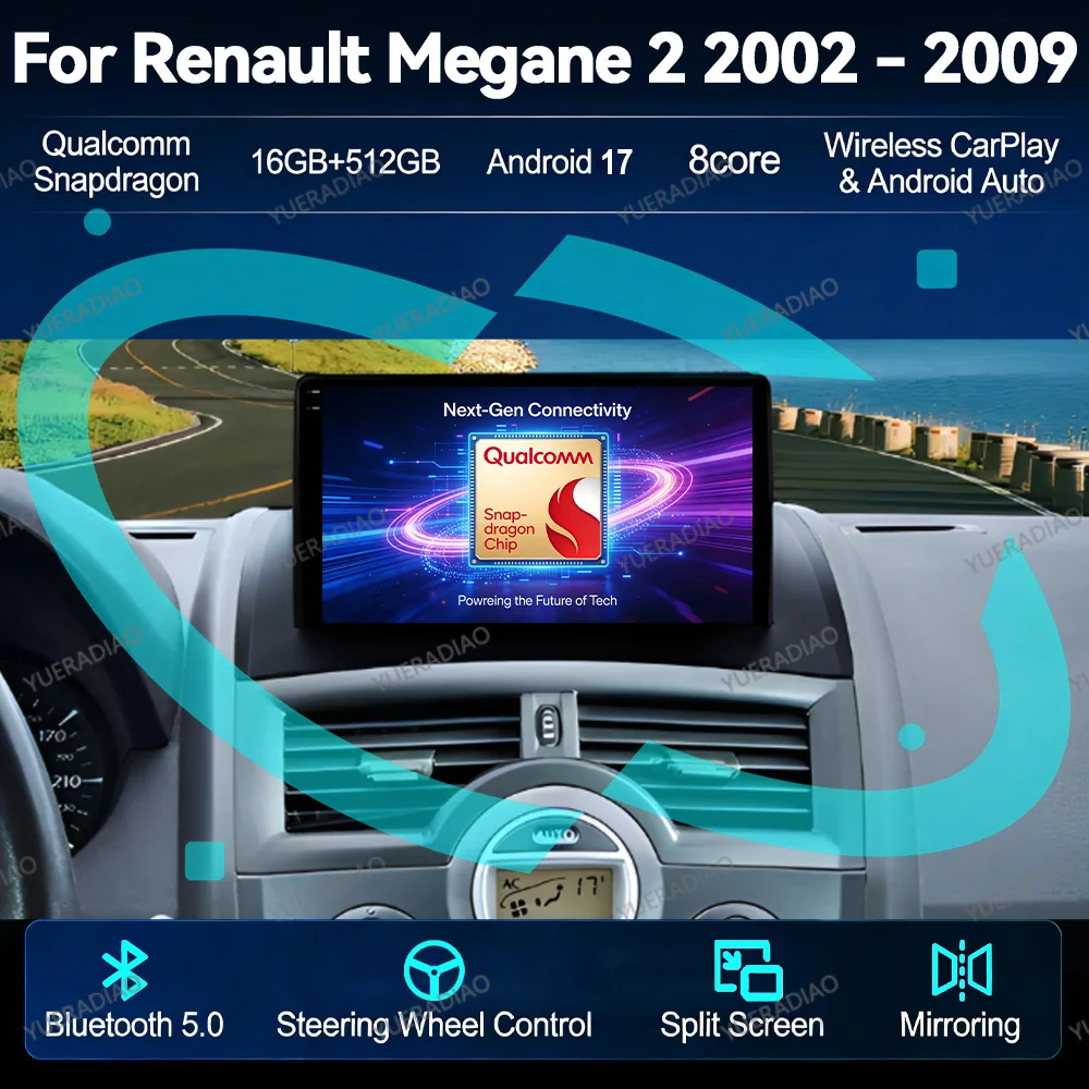 Android 17 Autoradio für Renault Megane 2 2002 - 2009 Multimedia-Stereo-Videoplayer Drahtloses Carplay Auto-Headunit WIFI GPS 4G