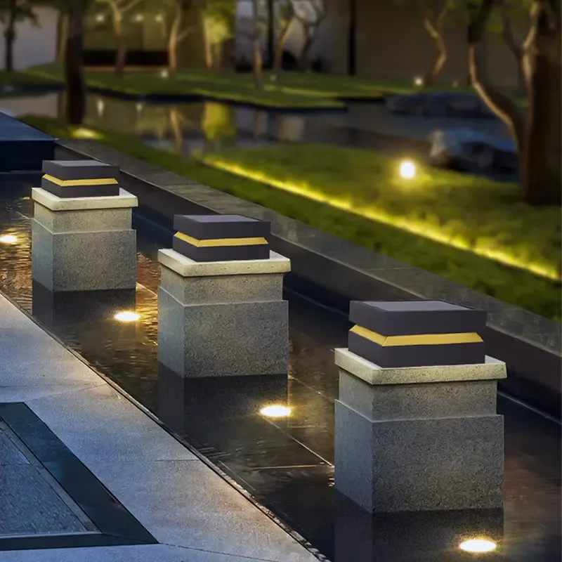 Simple Square IP65 Waterproof Villa LED Capital Light Stainless Steel Outdoor Door Pillar Lamp Gate Landscape Solar Garden