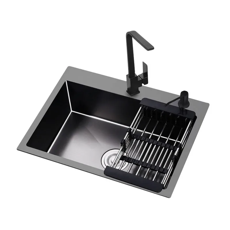 Grand lavabo à cuvette unique encastré à montage supérieur, évier de cuisine en acier inoxydable SUS304 fait à la main, éviers de cuisine noirs avec passoire à panier
