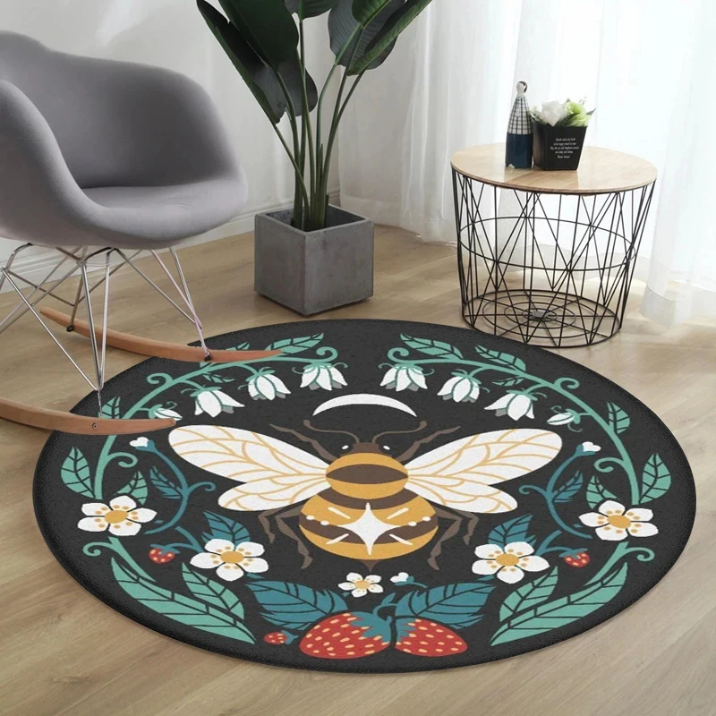 VIKAMA Vintage Honey Bee Strawberry Round Rug, Non-slip Soft Floor Mat, Washable Carpet for Nursery Living Room Decor