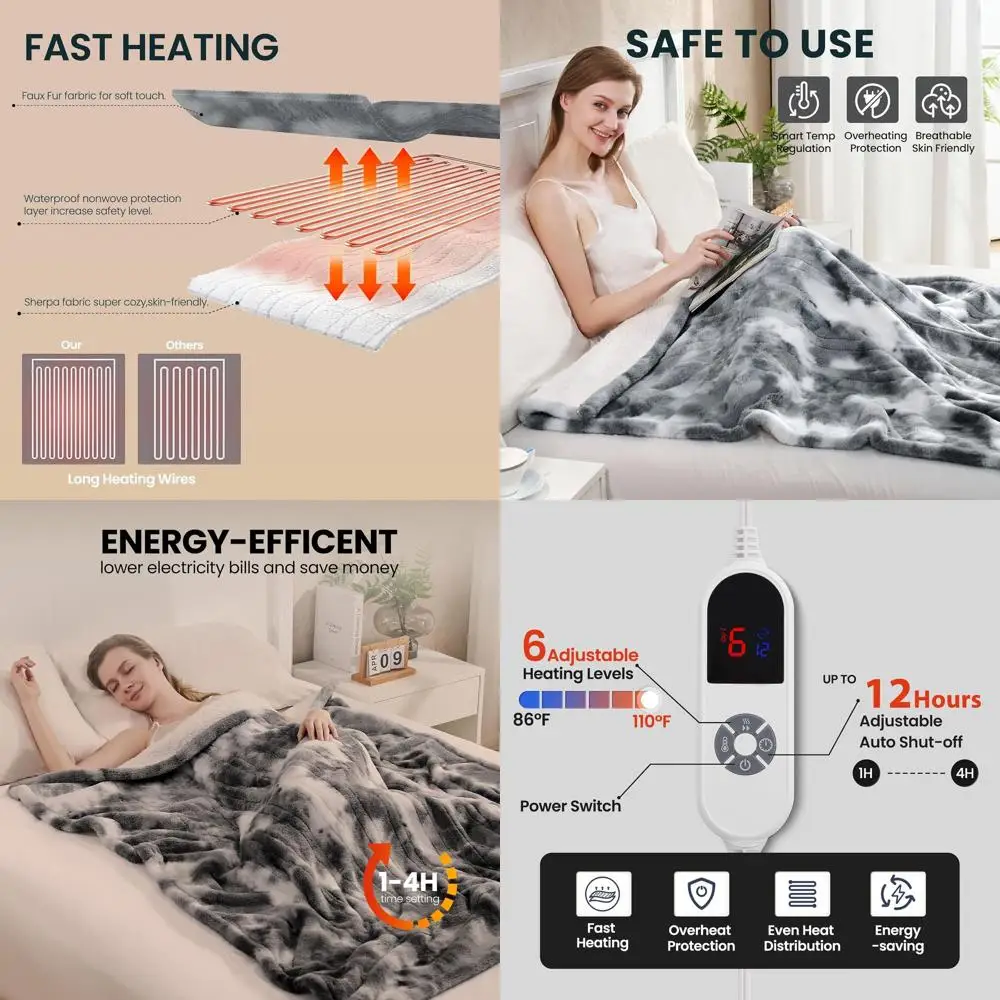 

Luxury Grey Twin Size Faux Fur Electric Blanket, 62x84, 6 Heat Levels & 12-Hour Auto Shut-Off