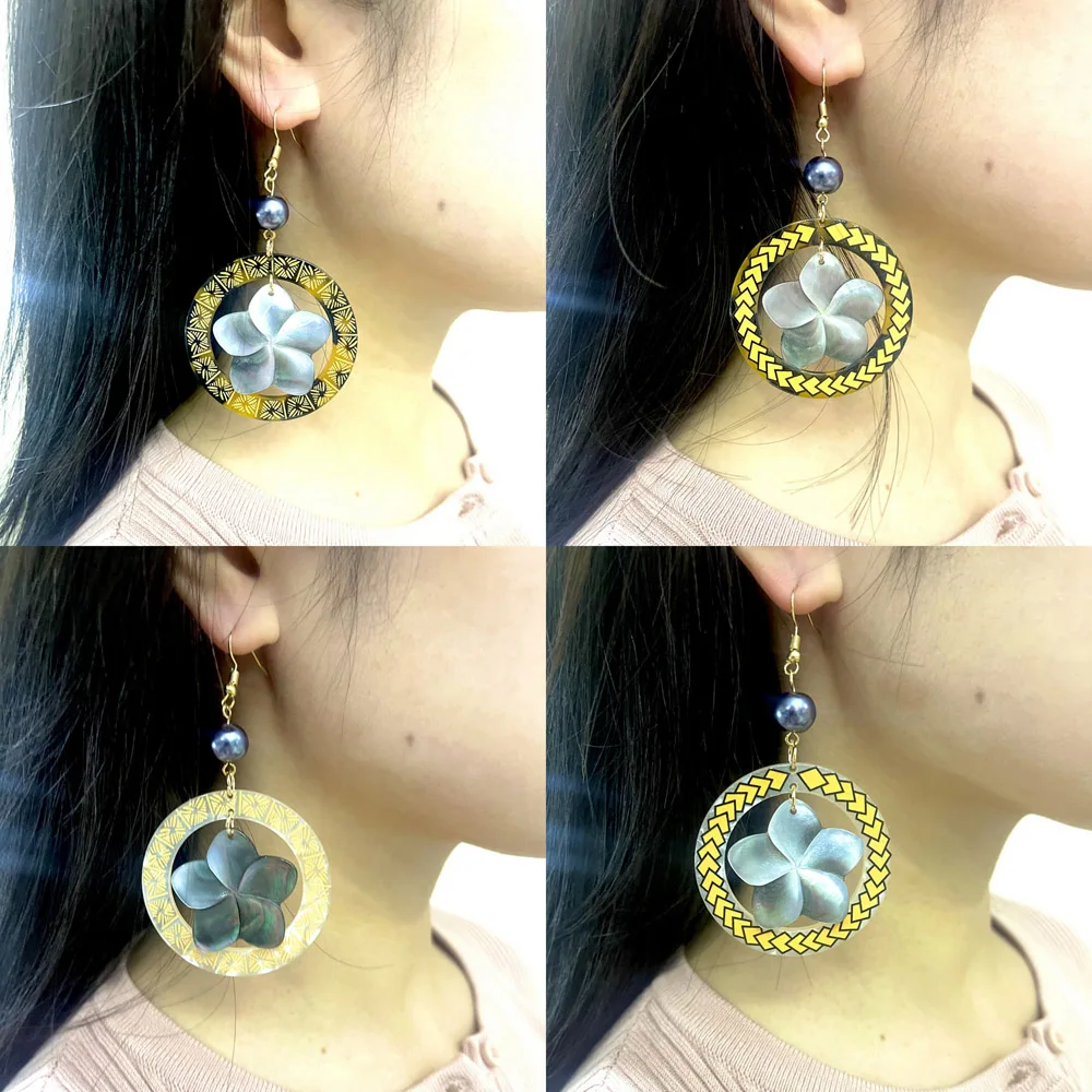 Hawai Tripical Natural Black Mother of Pearl Shell Plumeria Dangling Earrings Samoan Flower Jewelry For Women and Girls