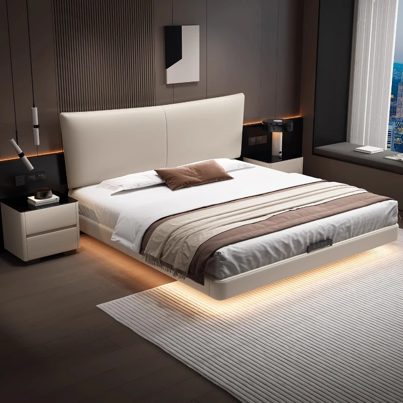 

180x200cm Adjustable Headboard High Bed Composite Leather Modern Apartment Double Bed Bedroom Queen Frame Twin Wooden Furniture