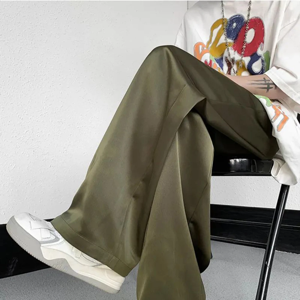 Fashion Suit Pants Men Solid Dress Pants Korean Loose Straight Ice Silk Casual Pants Unisex Ormal Satin Glossy Wide-Leg Trousers