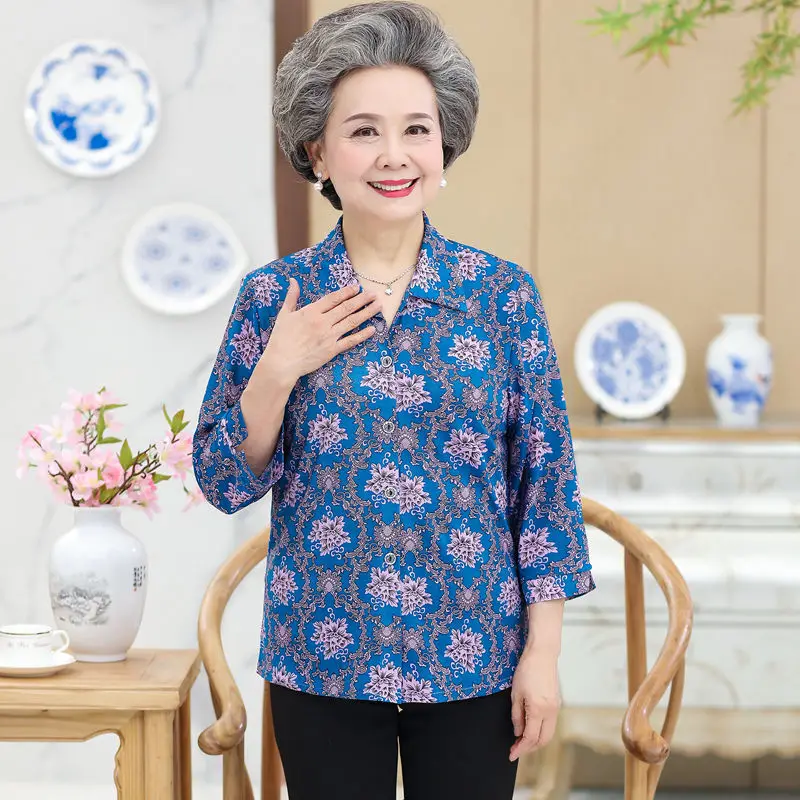 Middle Age Women Blouses 3/4 Sleeve Turn Down Collar Casual Shirt Mother Tops  5XL Floral Grandma Blusas Femininas