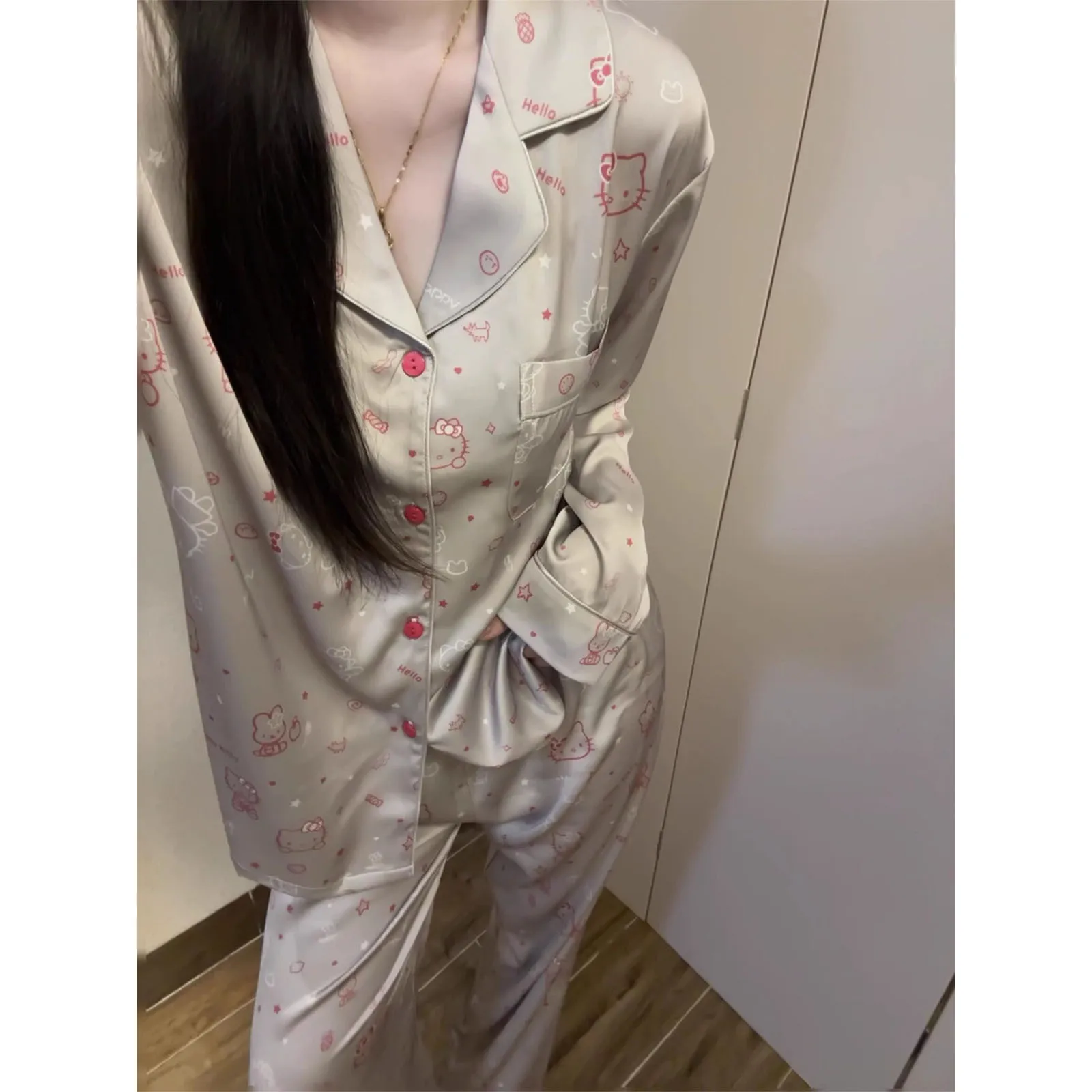 산리오 헬로 키티 잠옷 만화 카와이 긴 소매 바지 홈 의류 패션 라운지웨어 편안한 잠옷 선물