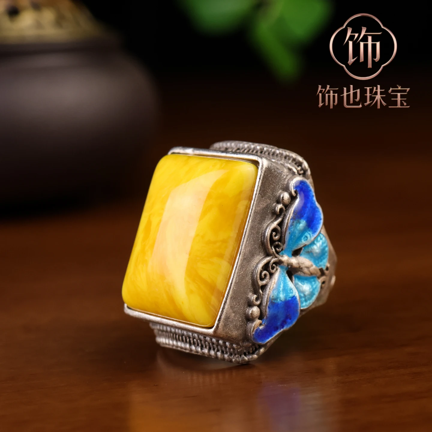 2026yellow beeswax double blessing square ring surface old silver inlaid opening silver ring Tibetan silver finger beeswax ring