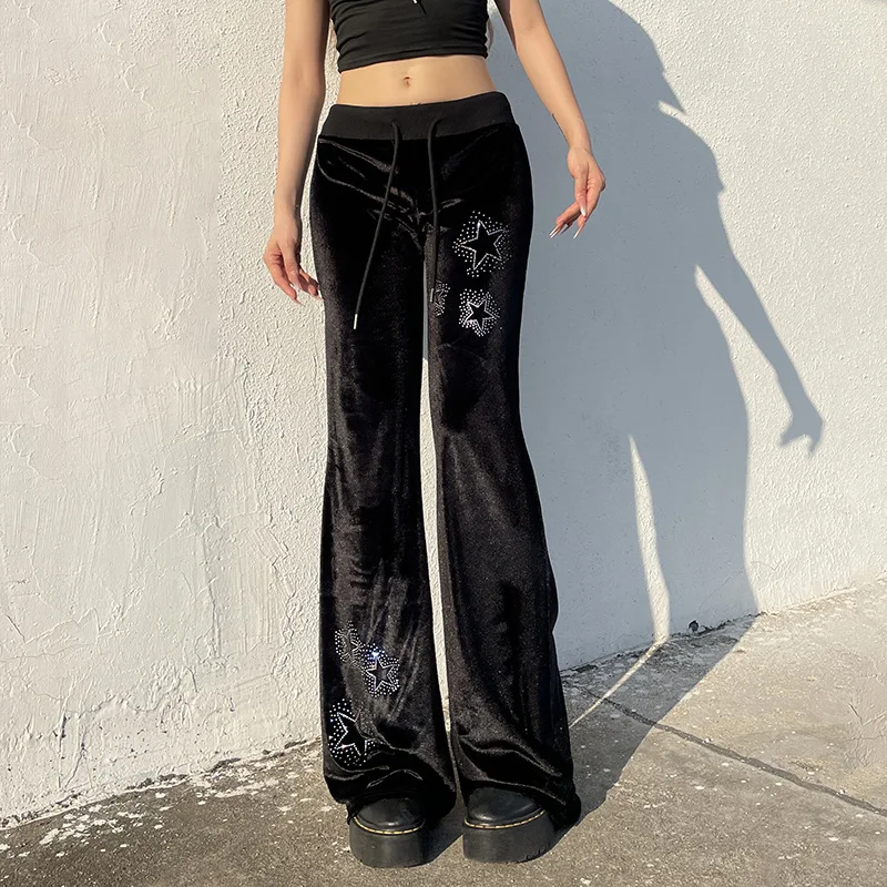 

Dark wind stars hot drill lace-up pants Europe and the United States new autumn and winter velvet splicing spice casual pants