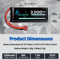 TERANTY Baterías LiPo 2S 3300mAh 60-80C con XT60 para RC