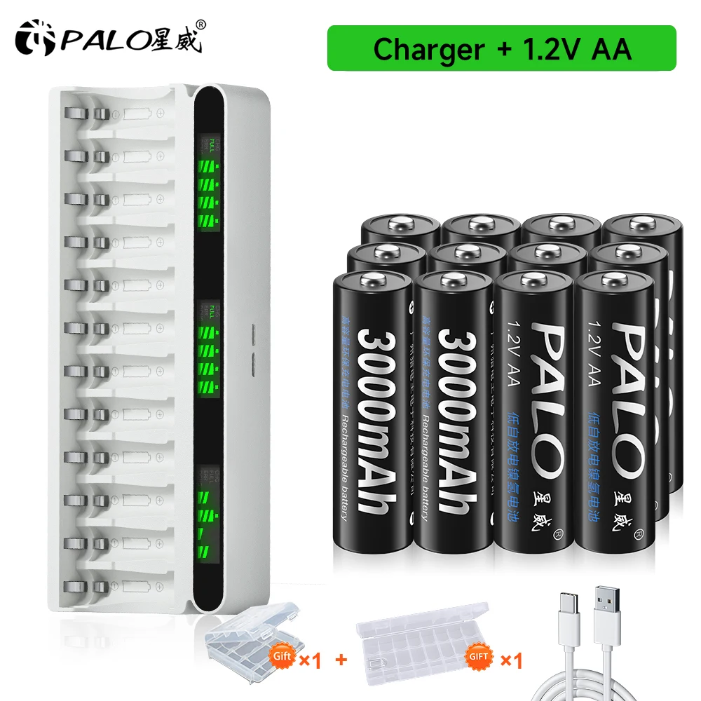 PALO AA Battery Rechargeable 1.2V 3000mAh Ni-MH 2A Batteries with 12-slots Smart Mix-Charge LCD Display AA/AAA Battery Charger