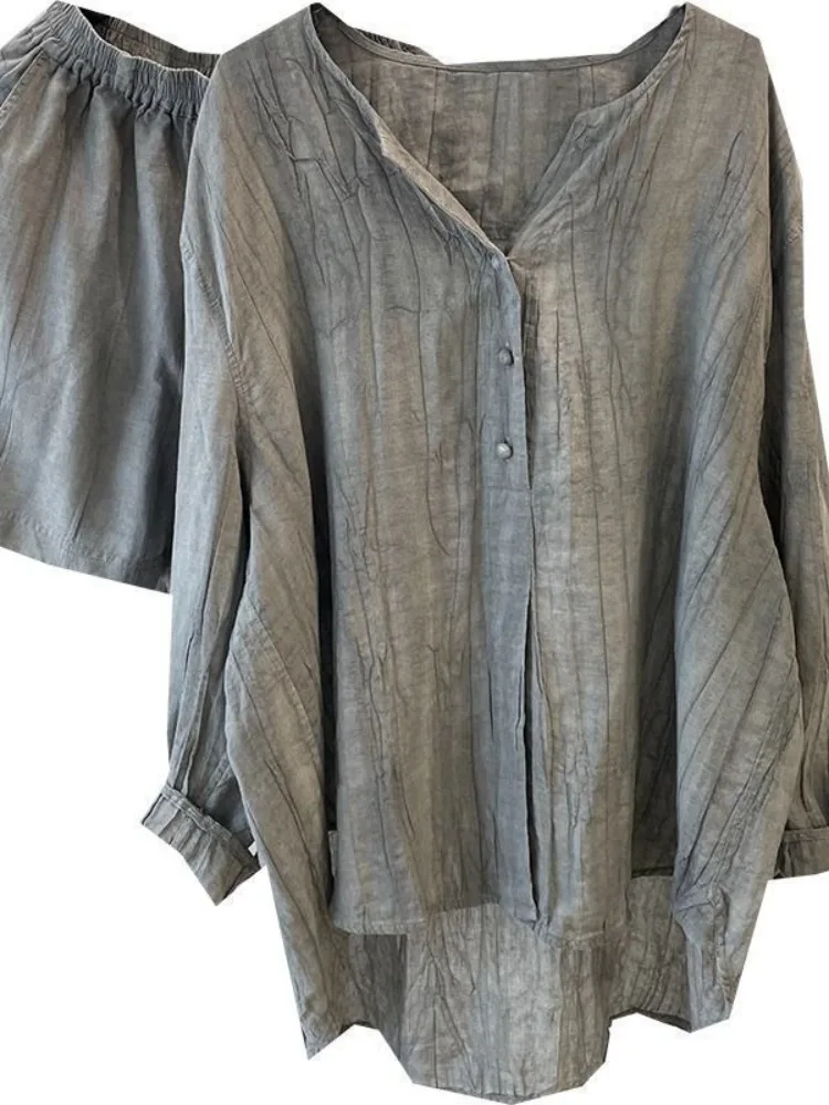 ey Baumwolle Leinen Set Frauen Sommer Lazy Sle Sonnenschutz irt Casual orts Leinen Zwei-stück Set Strukturierte Gefaltete V-ne L...